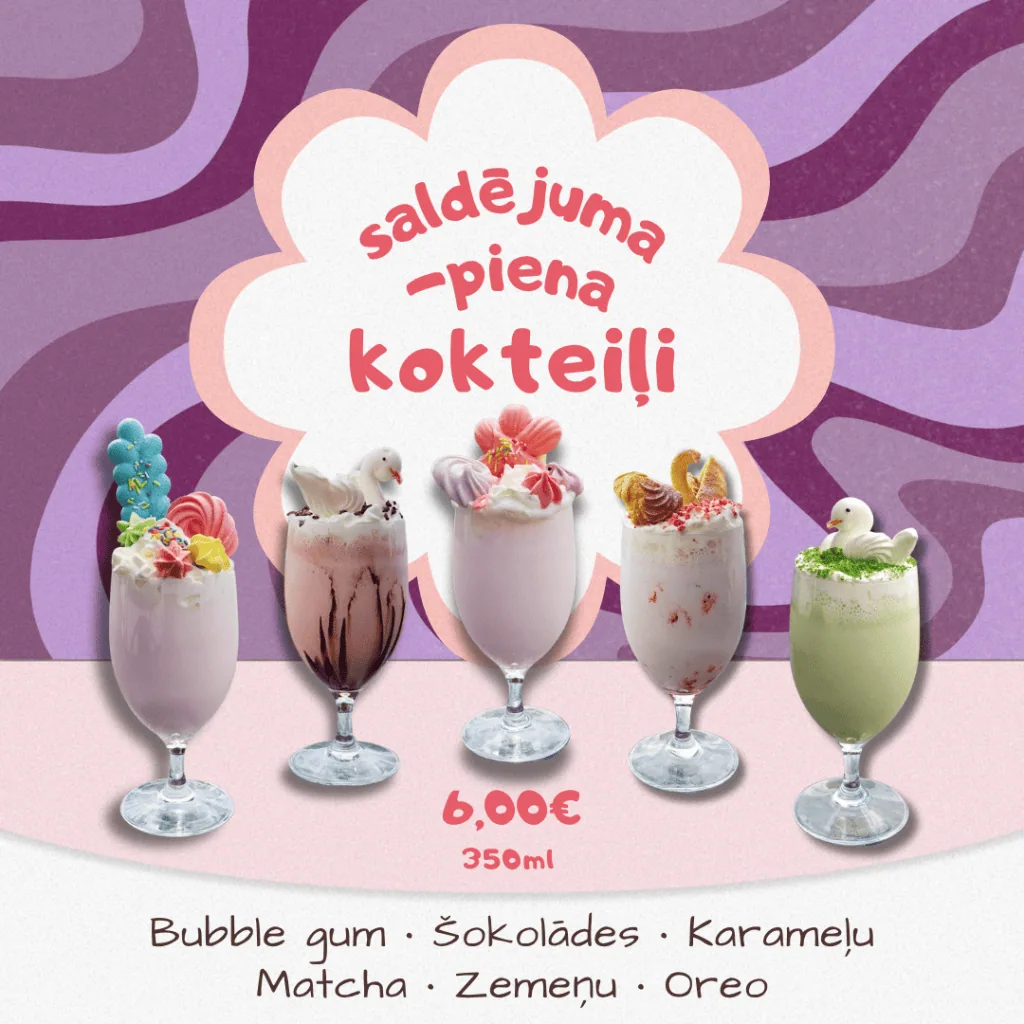 Saldējuma–piena kokteiļi, 6.00 € / 350 ml: bubble gum, šokolādes, karameļu, matcha, zemeņu, oreo